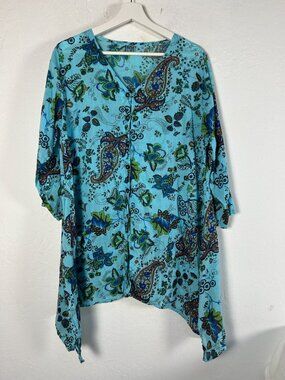 Women’s Turquoise Paisley Print Boho Chic Cotton Button-Down Tunic Top Free Size